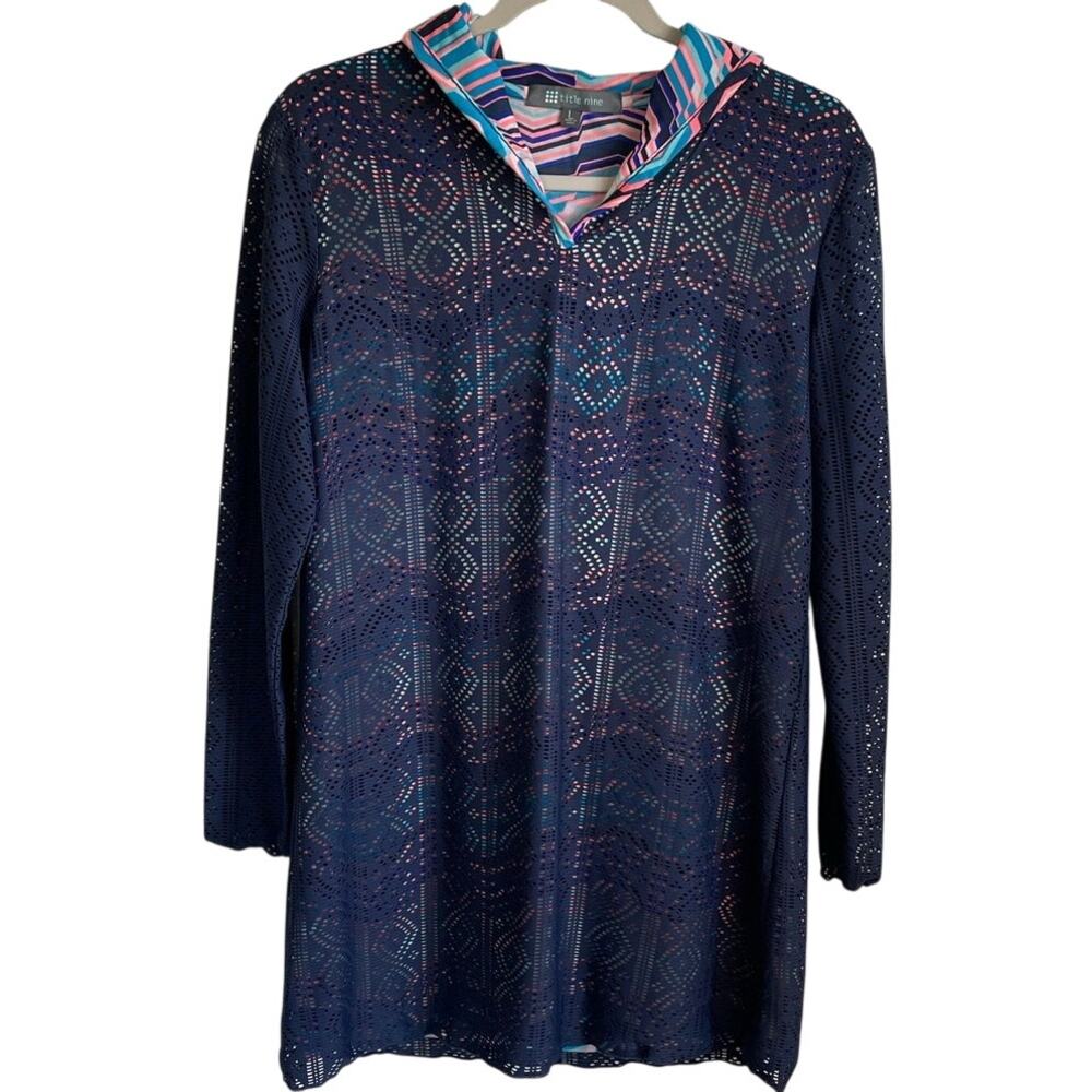 Title Nine Laser Cut Hooded Tunic Top Sz L Cover Up Long Sleeves Navy Multi